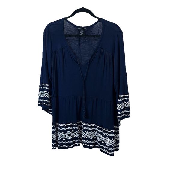 RXB Embroidered Peasant Top Womens Size L Boho Blouse Navy Blue Rayon Knit Soft - Picture 1 of 8
